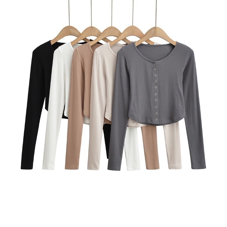 Single Row Snap Button solid color Long Sleeve Round Neck Slim Short top NSXDX137509