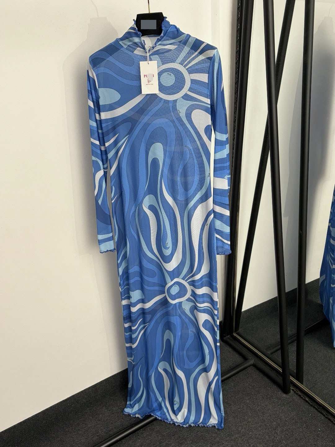 Irregular Color Block Print, Half-High Collar, Slim-Fit Brand Logo Long-Sleeve Dress_ecoleips.com