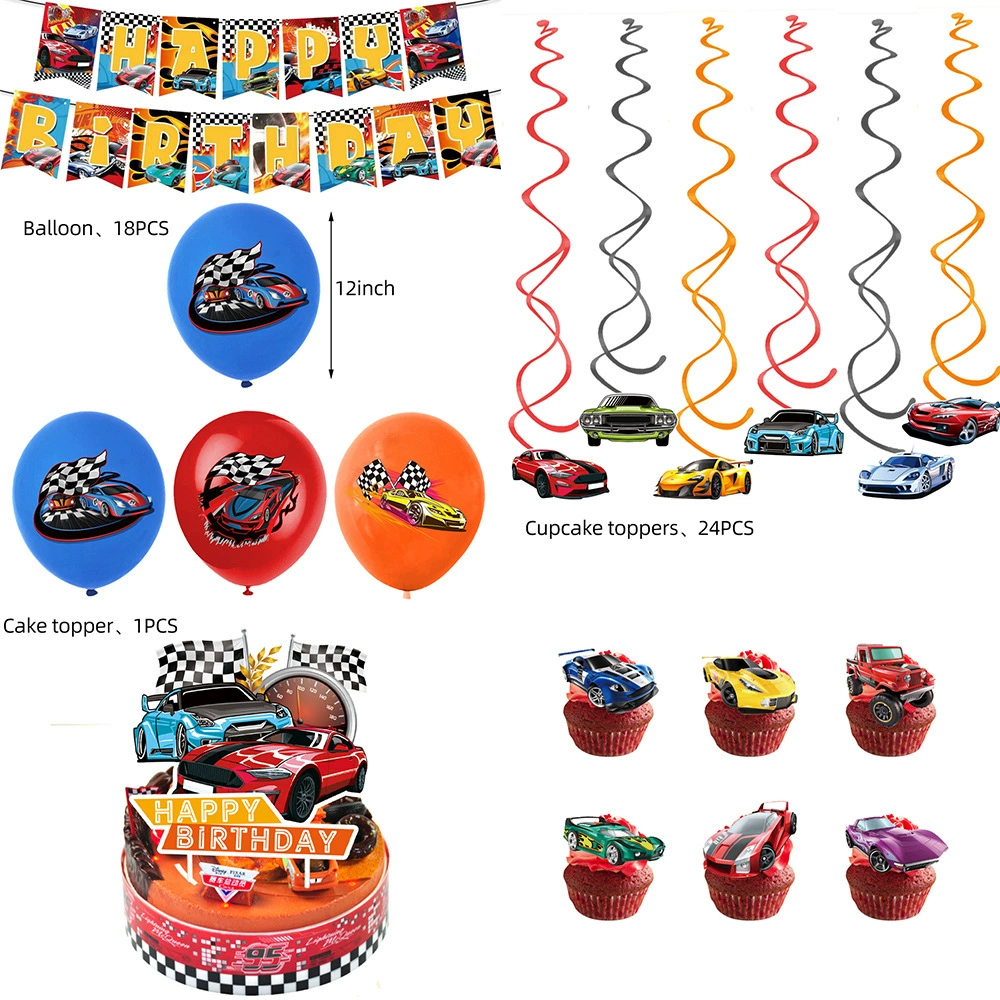 Праздничная посуда и набор для декора Hot Wheels, принт гонка‑кар, одноразовый комплект (стаканы, тарелки, салфетки, воздушные шары)