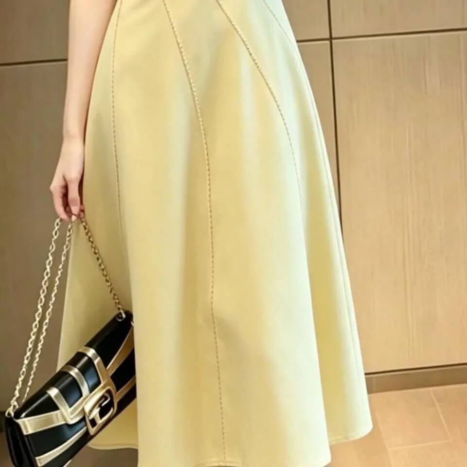 Đầm liền nữ tay ngắn cổ tròn chiết eo cạp cao dáng chữ A phong cách thanh lịch — Màu vàng nhạt