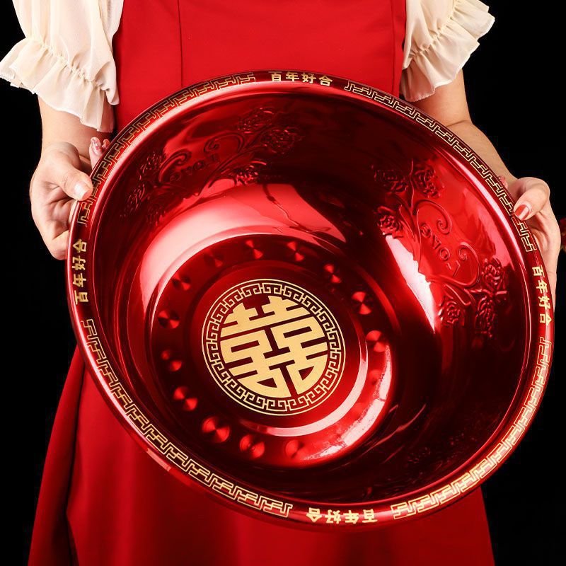 结婚脸盆加厚不锈钢红盆一对娘家陪嫁洗漱全套婚庆套装新娘嫁