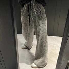 慵懒松弛感复古斜条纹阔腿裤女春秋季高腰垂感直筒休闲拖地长裤子