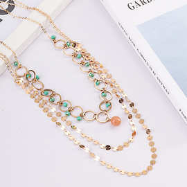 欧美跨境圆片流苏项链创意水晶吊坠叠戴颈链绿色串珠方糖圆珠项链