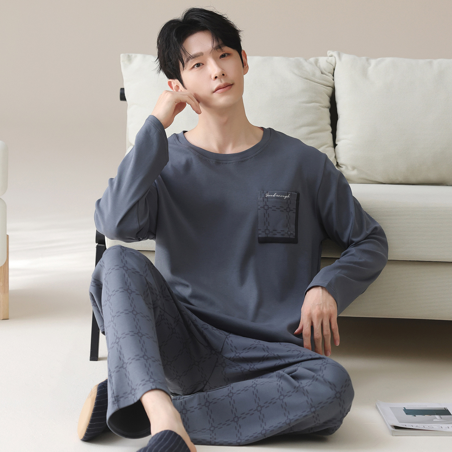 Pajamas Men's Round Neck 2025 New Pure Cotton 100% Cotton Long-Sleeved Pants Korean Style Autumn and Winter Home Clothes Can Be Worn Outside