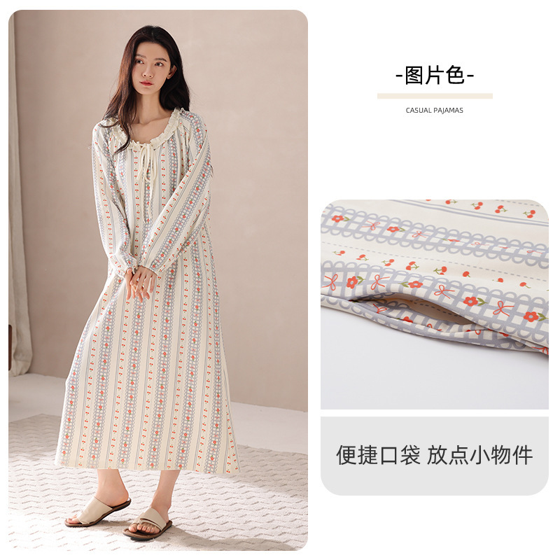 睡裙女款春秋款纯棉女士长袖秋季可外穿减龄2025新款睡衣长款裙子|undefined