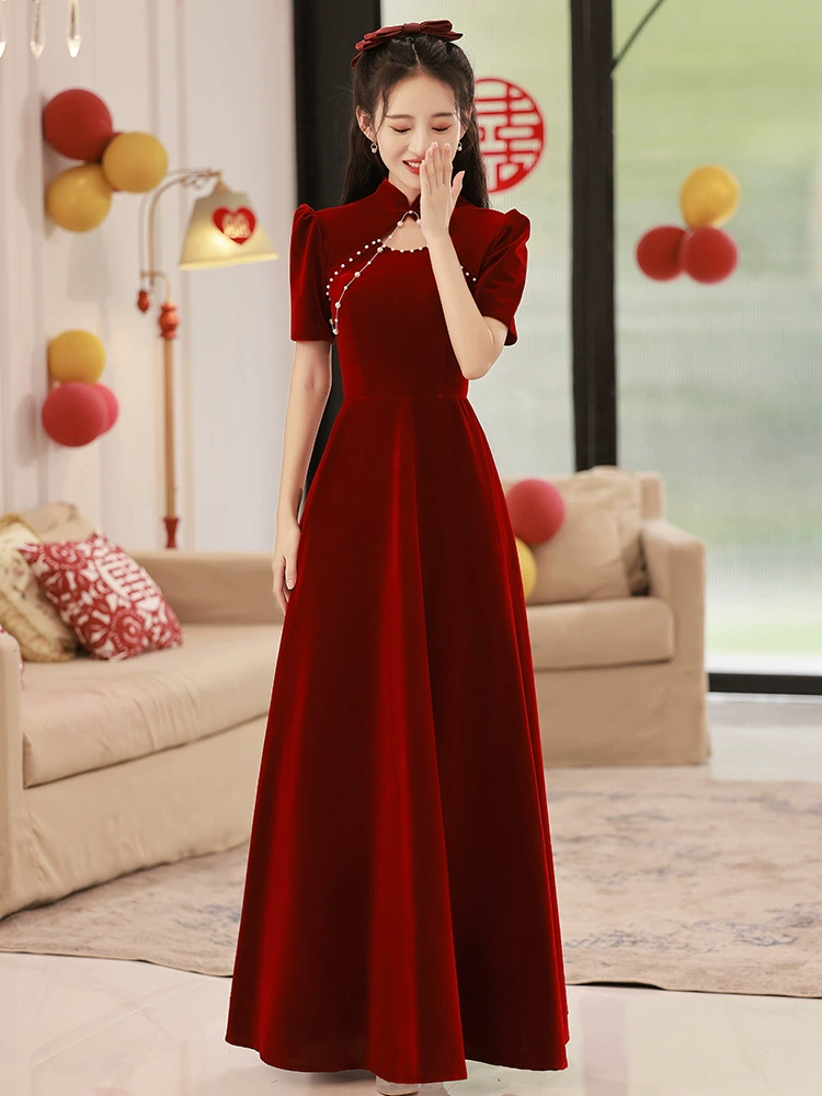 Summer evening dress, red velvet long cheongsam, wedding dress