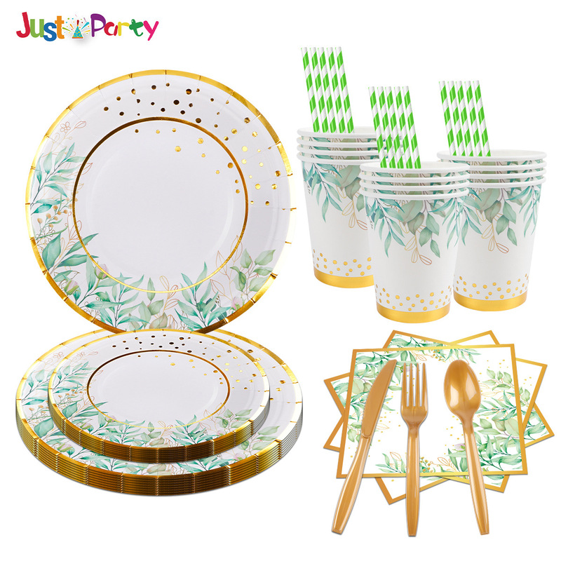Amazon Cross-border Green Leaves Bronzing Disposable Paper Tray Paper Cup Tissue Dinner Plate Party Decoration suit Amazon Cross-border Green Leaves Bronzing Disposable Paper Tray Paper Cup Tissue Dinner Plate Party Decoration suit