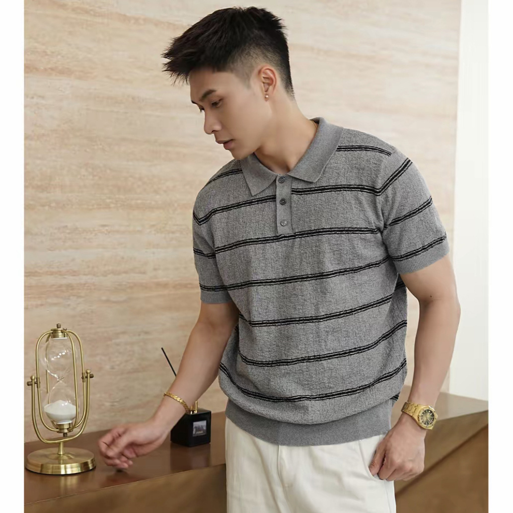 Polo camiseta de punto camiseta de manga corta hombre con solapa estriada textural vieja camiseta de hielo de verano fábrica transfronteriza al por mayor