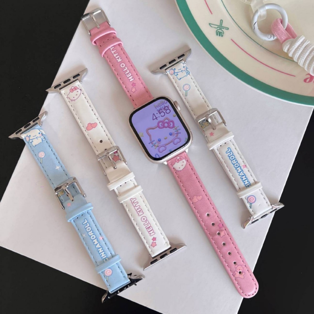 Cartoon Kitty Kt Cat Printed Leather Strap Suitable for Apple Watch Iwatch11 Generation 987654Ultra/Se