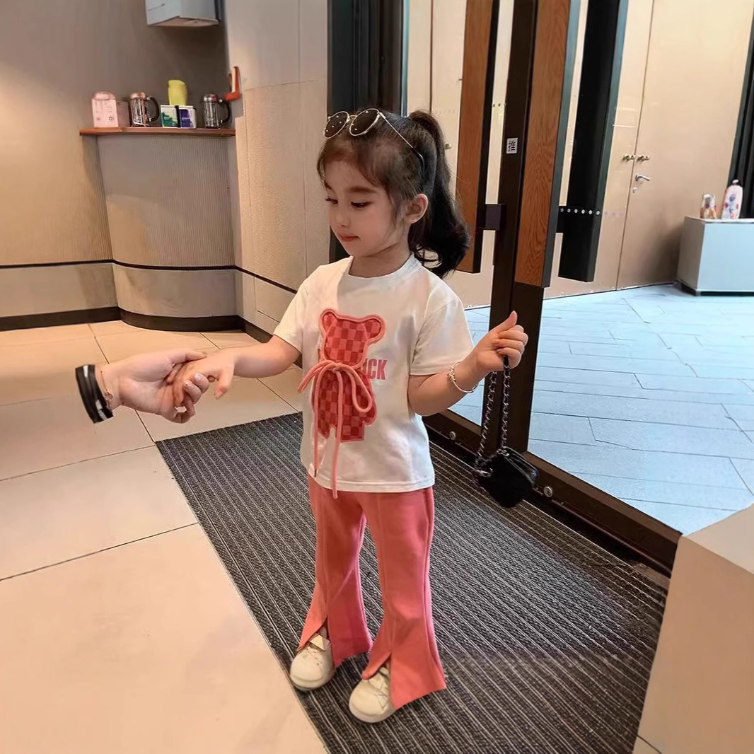 Girls' Internet Celebrant suit Children's 2025 New Summer Cartoon T-shirt Bye-bye Foreign-style Flared Pants Short-sleeved Two-piece Set