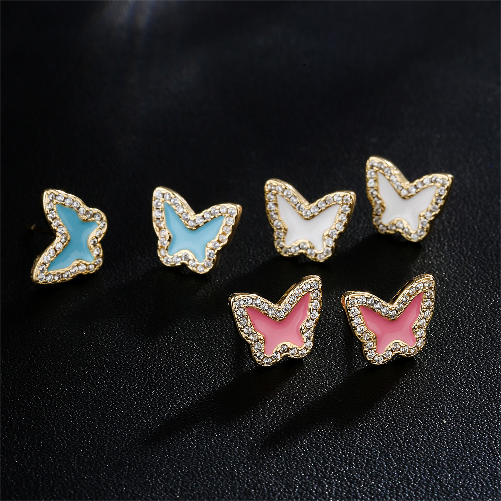 Boucles D&#39;oreilles Papillon Mignon Goutte D&#39;huile Tricolore Rose Blanc Bleu Cuivre Plaqué Or 18 Carats display picture 4