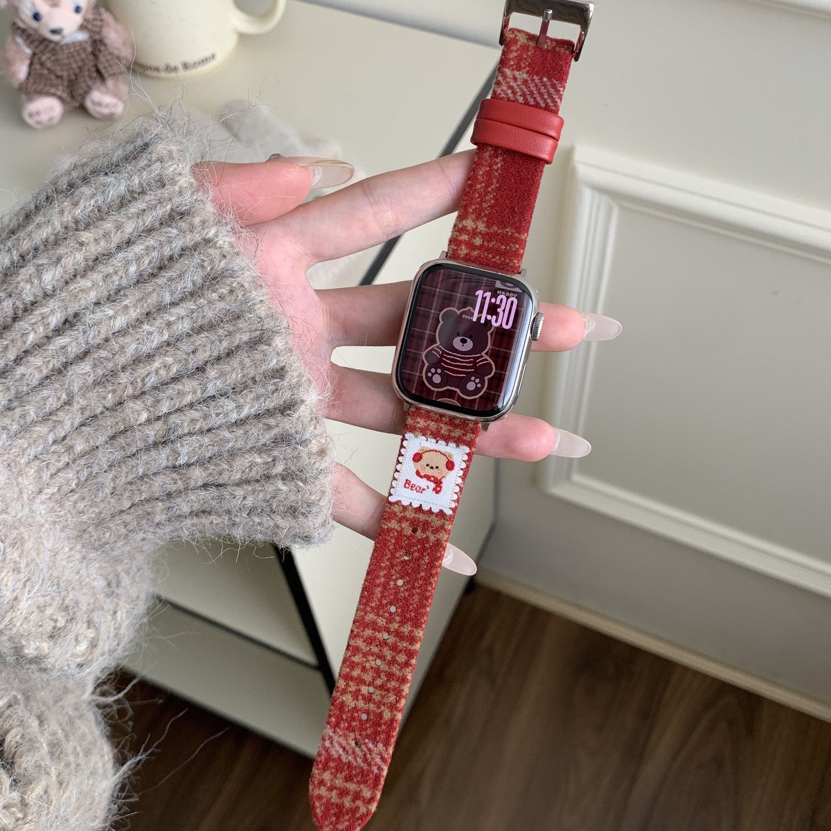Bear Woolen Leather Watch Strap Suitable for Apple Watch iWatch Strap S10 Apple S98Se Xiaomi 9Pro