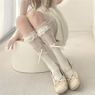 Spring and Summer lace mid-calf socks vintage ballet style calf socks hollow bow Lolita thin socks for women