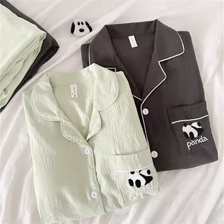 春夏季云朵棉情侣睡衣女熊猫卡通刺绣秋天男士家居服套装外贸批发