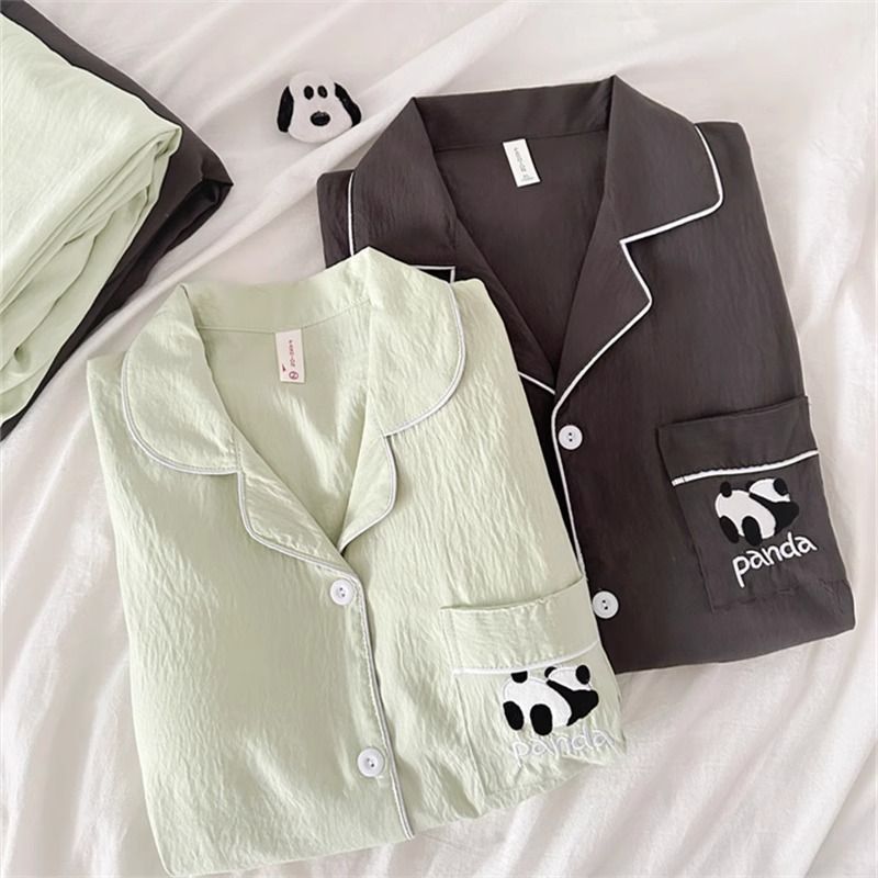 Primavera y verano nubes de algodón pareja pijama mujer panda dibujos animados bordados otoño hombre ropa de casa set comercio exterior al por mayor