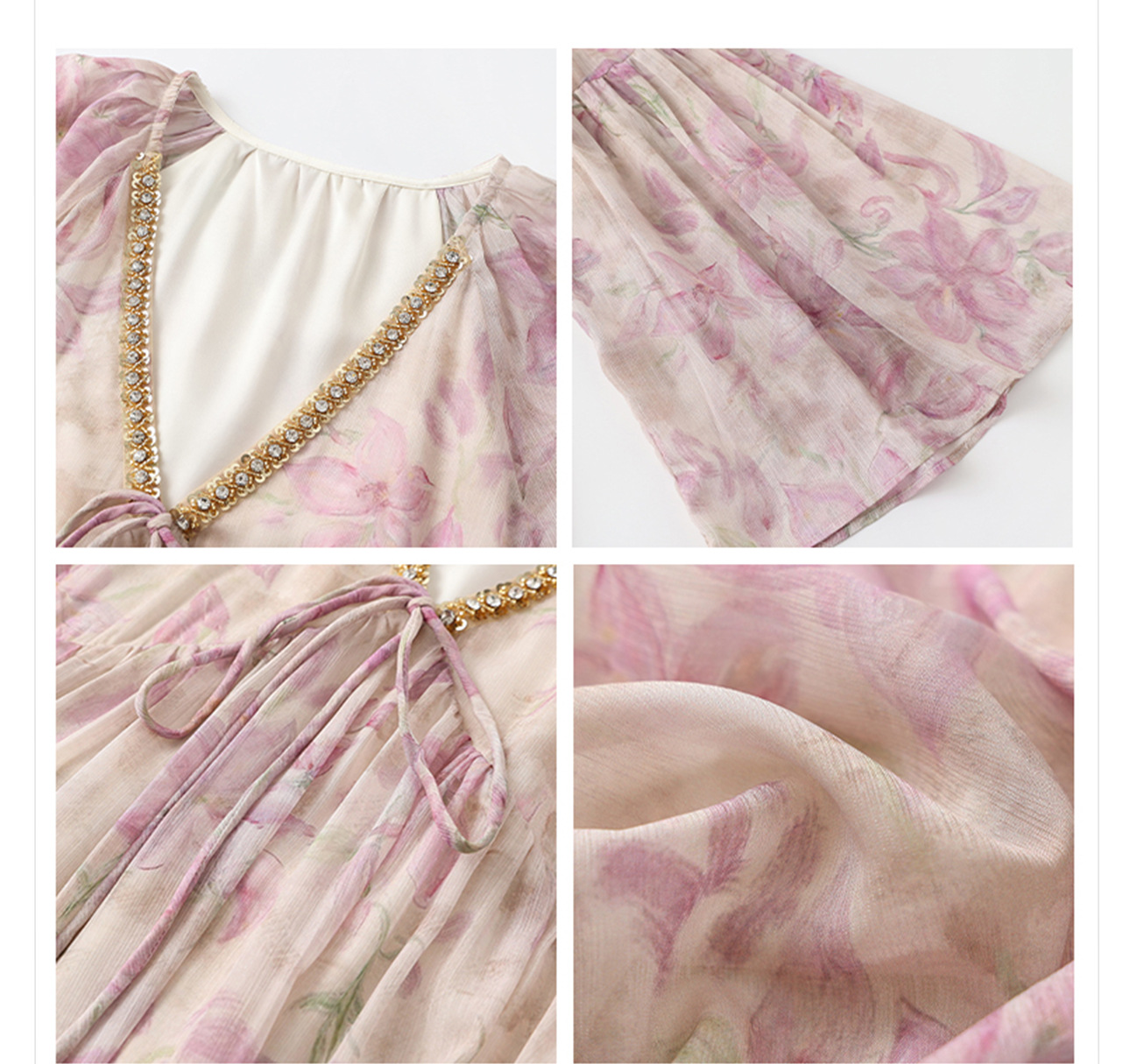 Áo kiểu nữ cổ V tay lồng đèn chất liệu chiffon phong cách Trung Hoa đính đá — màu tím nhạt chi tiết 17