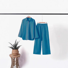 2025欧美跨境亚马逊新款女士通勤两件套休闲时尚翻领纯色阔腿套装
