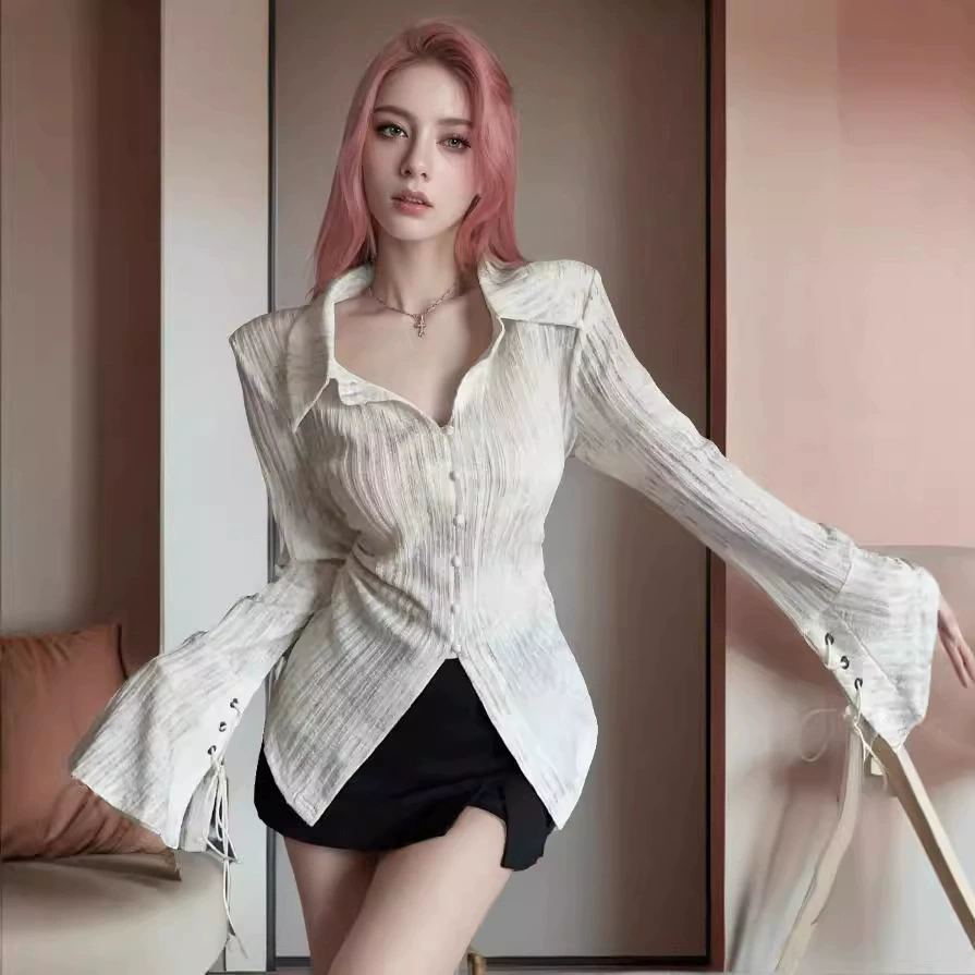 Трансграничная 2024 новая рубашка с длинными рукавами женская осень горячая девушка стройная, тонкая и чистая конструкция