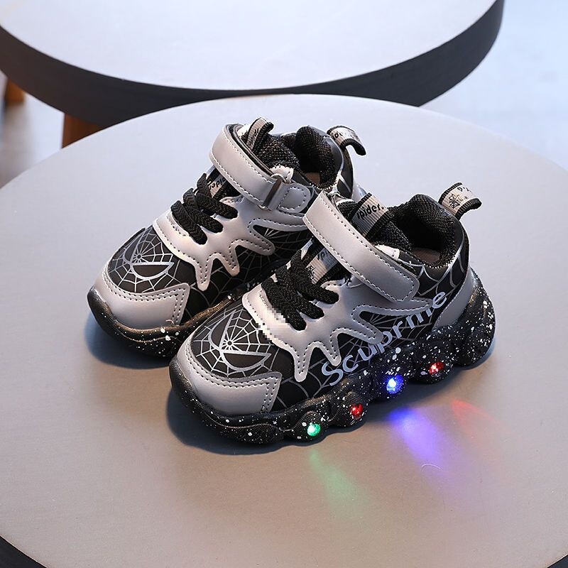 Autumn and Winter Kidsren's Cartoon Spider-Man Light-Up Sports Shoes for Boys and Girls Light-Soled Luminous Leather Running Shoes Baby Shoes