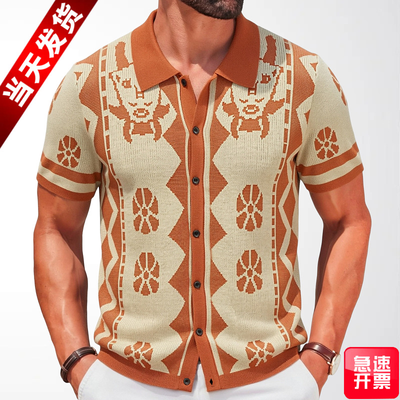 亚马逊男装批发夏季男式短袖针织开衫民族风提花开衫POLO衫SY0101