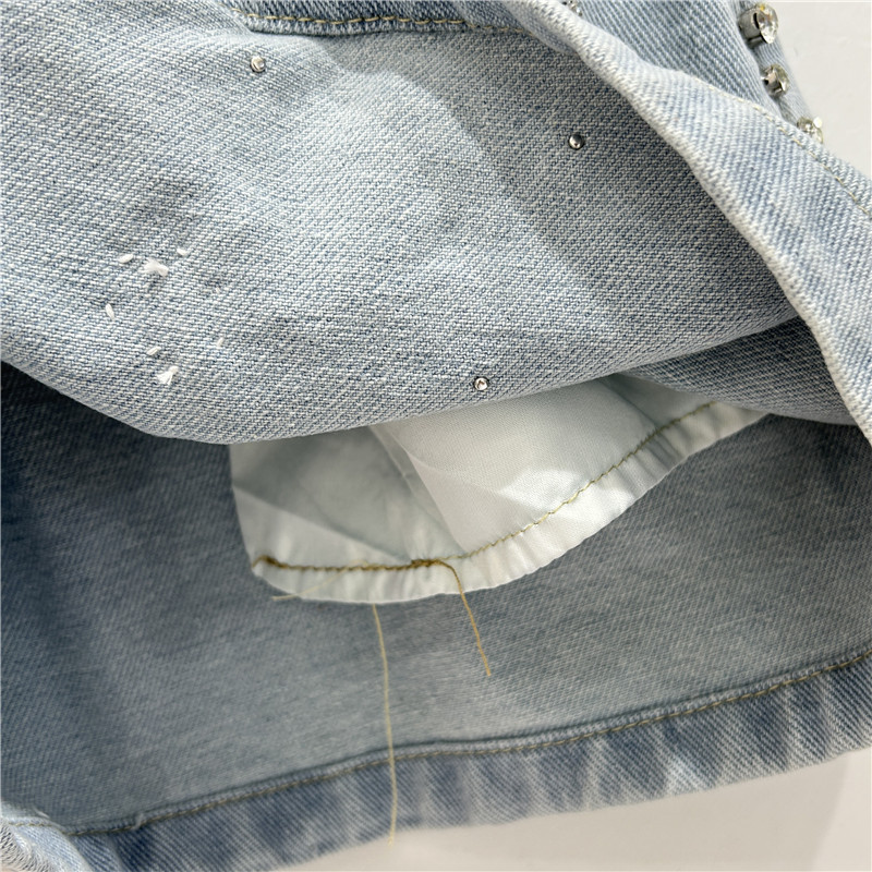 Pantalones Cortos de Mezclilla de Pierna Ancha con Cintura Elástica y Diamantes para Verano