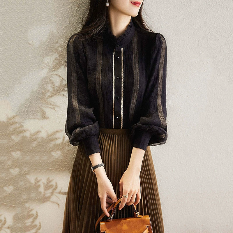 Французский гриб с кружевным краем, небольшой воротник-стойка, двухслойный дизайн, однобортная рубашка с длинными рукавами для женщин, новый топ ранней осени 2025 года