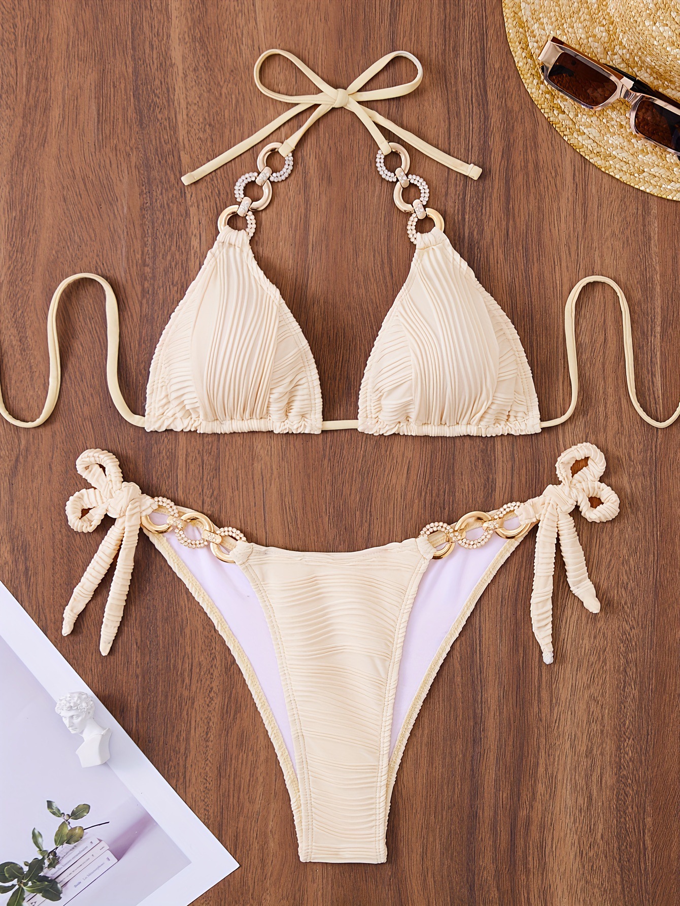 Mujeres Color Sólido Nudo De Lazo Juego De 2 Piezas Bikinis Bañador display picture 3