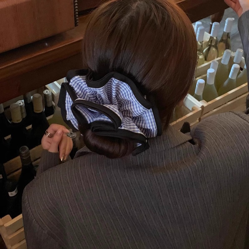 フレンチレトロな二層チェック柄レースの大きなヘアゴム、文学少女カレッジスタイルのヘアロープポニーテールヘッドロープ|undefined