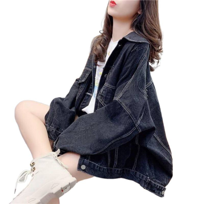 网红百搭BF黑色牛仔外套女2023年春秋大码韩版宽松港风复古ins潮|undefined