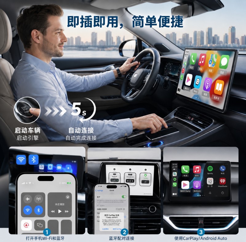 Cross-Border Popular Product: Wired-To-Wireless Carplay Box and Android Auto Box Two-In-One Car Connectivity Adapter