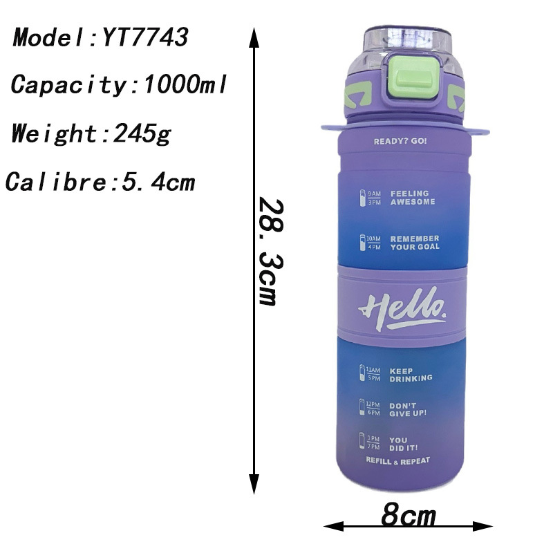 Venta al por mayor de alta calidad taza de paja de plástico taza de agua correa portátil botella de agua de paja estudiante gradiente color hervidor de agua 1000ml