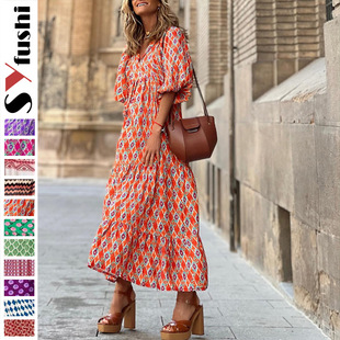 Cross-border European and American plus size women's loose bohemian round neck lantern sleeve sweet girl dress
