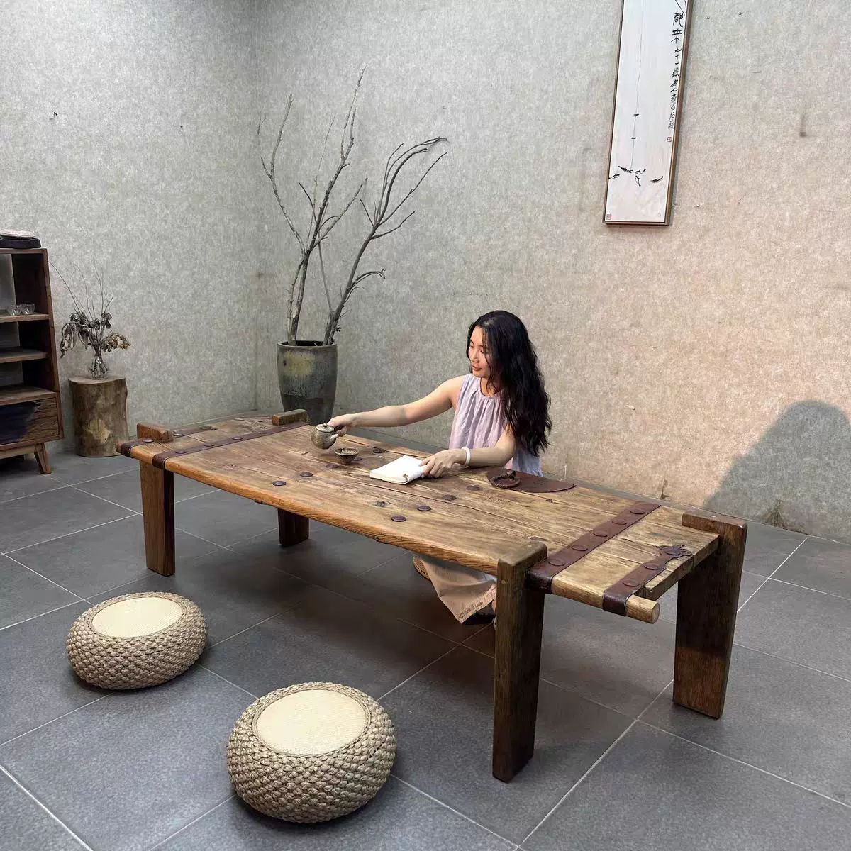 侘寂风老榆木茶桌阳台禅意茶台实木长条大板桌民宿酒店复古喝茶桌