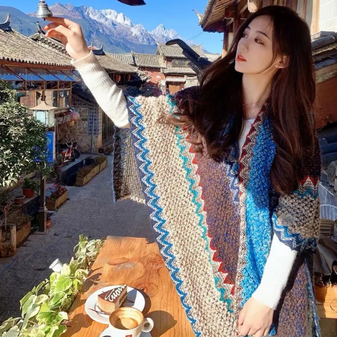 Xu Hongdou mismo estilo Yunnan Lijiang fotografía de viaje estilo étnico chal de punto de las mujeres bufanda exterior capa