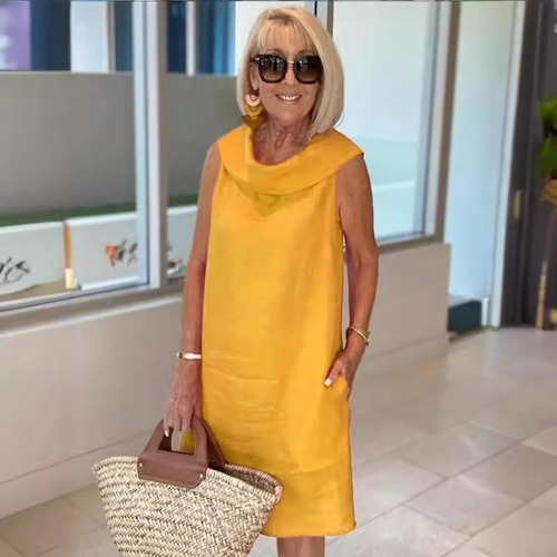 Cross-border Trade 2024 European and American Summer temu New Cotton Linen Casual Loose Collar Sleeveless Solid Color Dress 