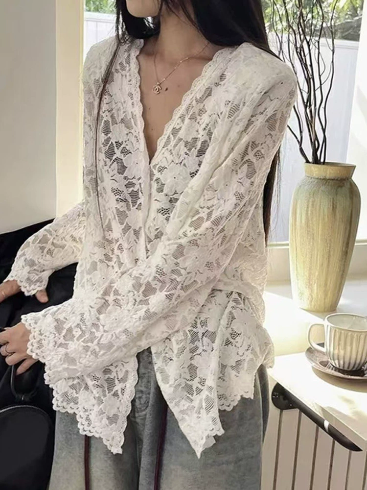 Черная кружевная вязанная крючком рубашка с v-образным вырезом для женщин, элегантная весенне-осенняя рубашка с вырезом внутри из шифона, очень красивый топ