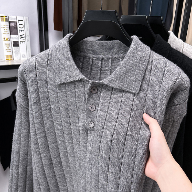 Cross-border nuevo hombre vertical rayas de otoño color sólido diseño suéter hombre moda casual versátil camisa de punto