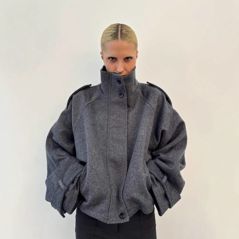 Cross-Border European and American High-Quality Temperament Gray Stand-Up Collar Woolen Jacket for Women Autumn and Winter Loose Casual Jacket