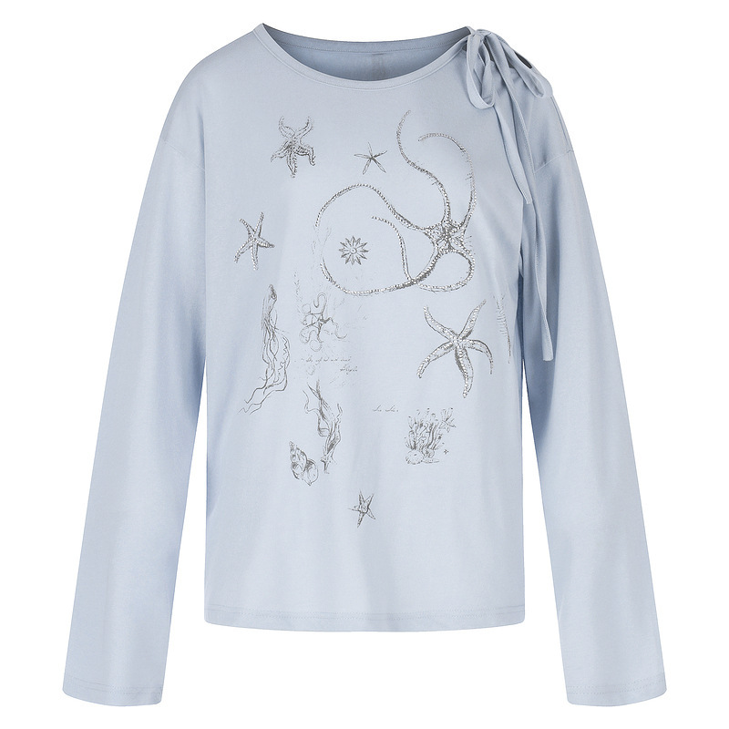 Light Blue Round-Neck Loose Long-Sleeve T-Shirt with Shoulder Tie Design and Rhinestone Octopus and Starfish Ocean-Themed Gentle Style Top Light Blue Round-Neck Loose Long-Sleeve T-Shirt with Shoulder Tie Design and Rhinestone Octopus and Starfish Ocean-Themed Gentle Style Top