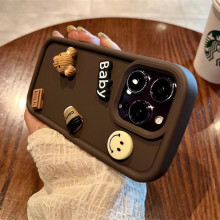 适用iPhone15液态硅胶手机壳立体咖啡小熊 14Pro防摔卡通保护套13