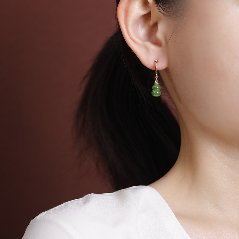 Bông tai kẹp bạc S925 đính ngọc bích phong cách Trung Hoa retro — Phong cách nước đỏ
