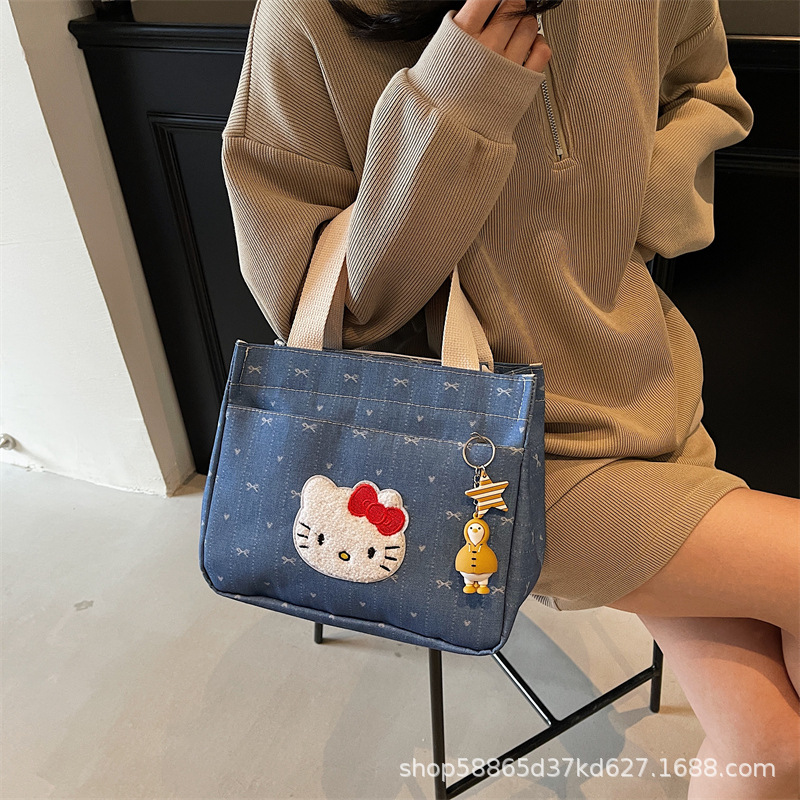 새로운 심플 데님 블루 고양이 핸드백 여성용 대용량 다용도 직장인 외출 도시락 가방 엄마 도시락 가방