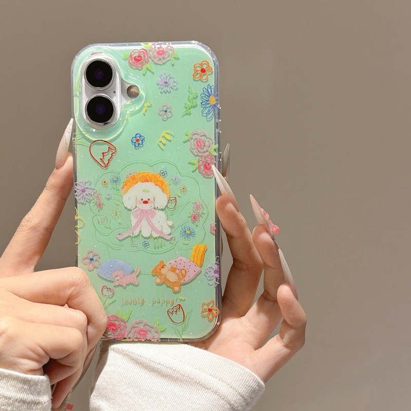 Divertido brillo, graffiti, flores, perros, iphone15ProMax, nueva funda para teléfono móvil de 16PM, Apple 14 femenino