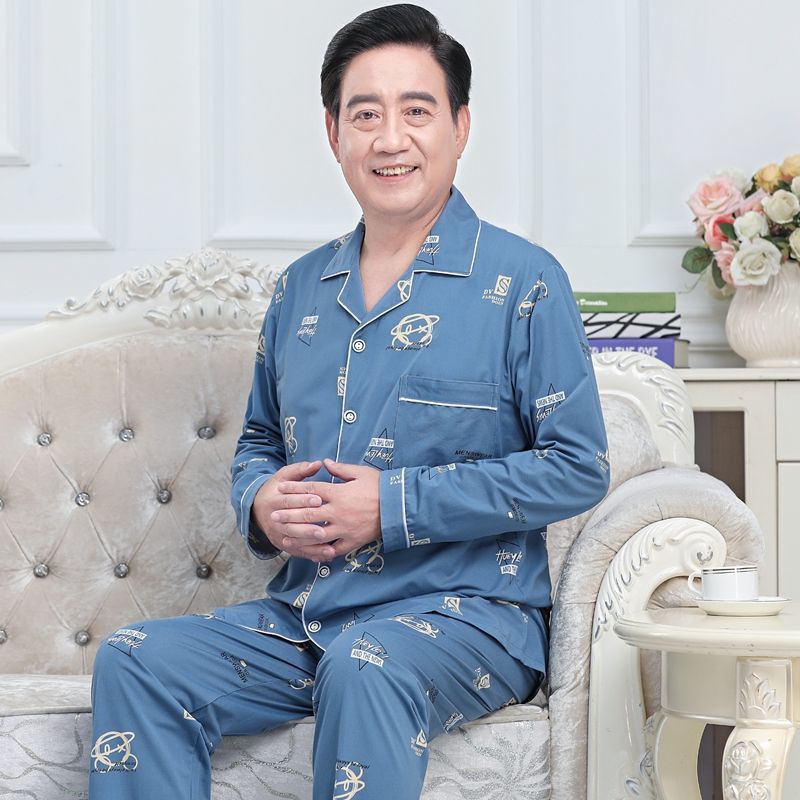 Pijamas de mediana edad y ancianos hombres 100% algodón primavera y otoño manga larga otoño e invierno más tamaño viejo papá traje de uso doméstico