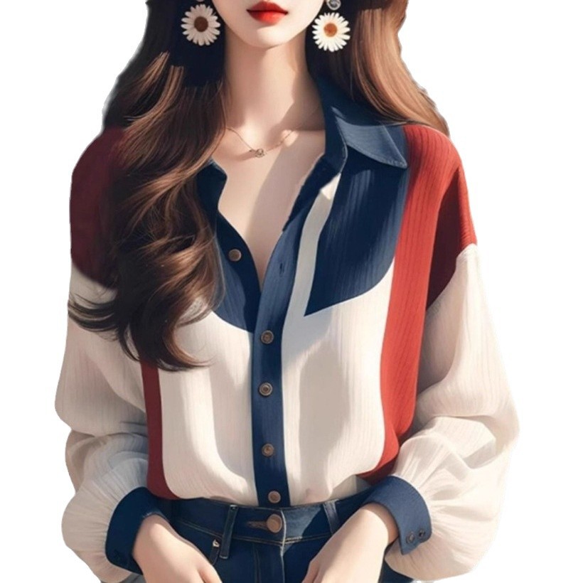 2024 년 초가을 새로운 여성 의류 차가운 스타일 하이 엔드 독특한 슈퍼 잘 보이는 느슨한 탑 컬러 대비 랜턴 소매 셔츠