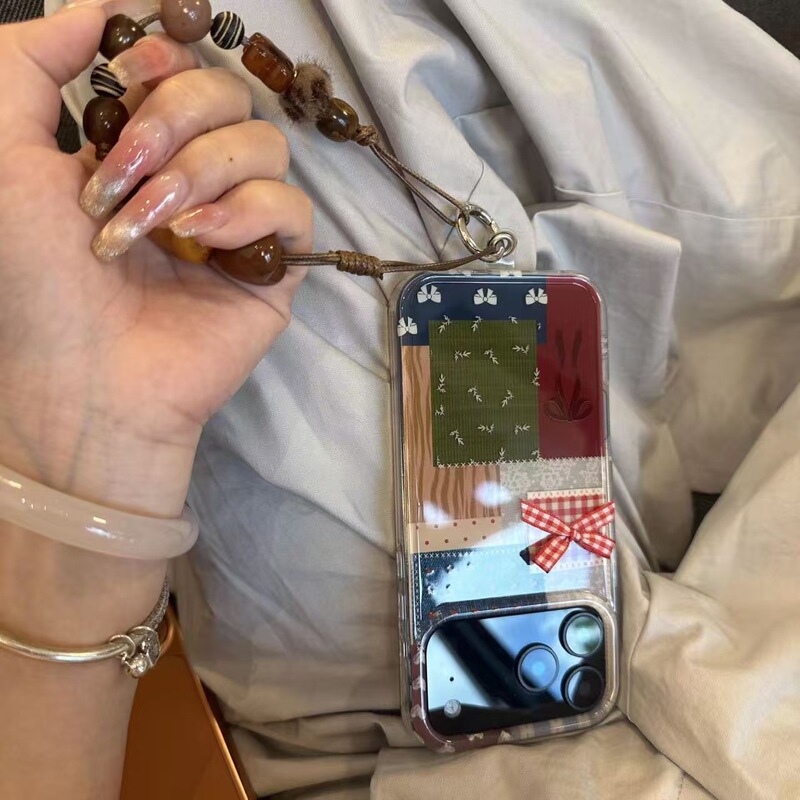 复古彩色纹理拼接蝴蝶结链条适用iPhone17promax苹果16手机壳15女|undefined