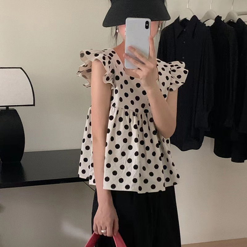 韩国东大门女装2022夏季新款甜美宽松飞飞袖波点娃娃衫衬衫上衣潮