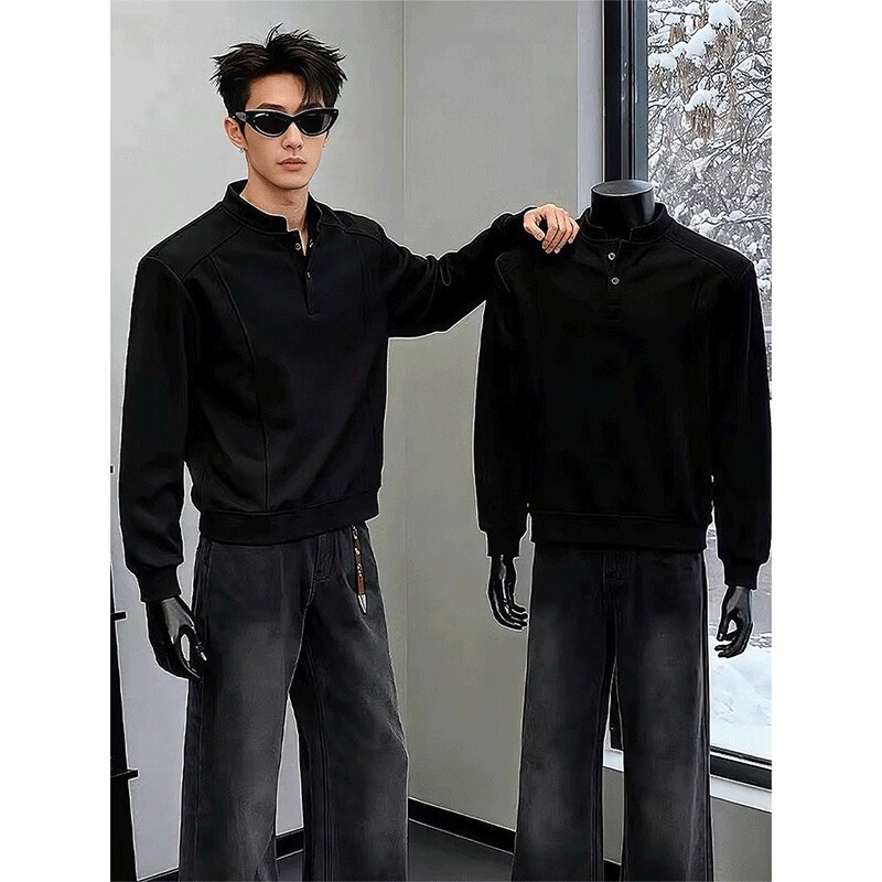 Black Henry Collar Sweatshirt for Men, Thickened for Spring and Autumn, American-Style Deconstructed Regular Shoulder Polo Shirt, Long-Sleeve T-Shirt for Layering, Trendy Black Henry Collar Sweatshirt for Men, Thickened for Spring and Autumn, American-Style Deconstructed Regular Shoulder Polo Shirt, Long-Sleeve T-Shirt for Layering, Trendy