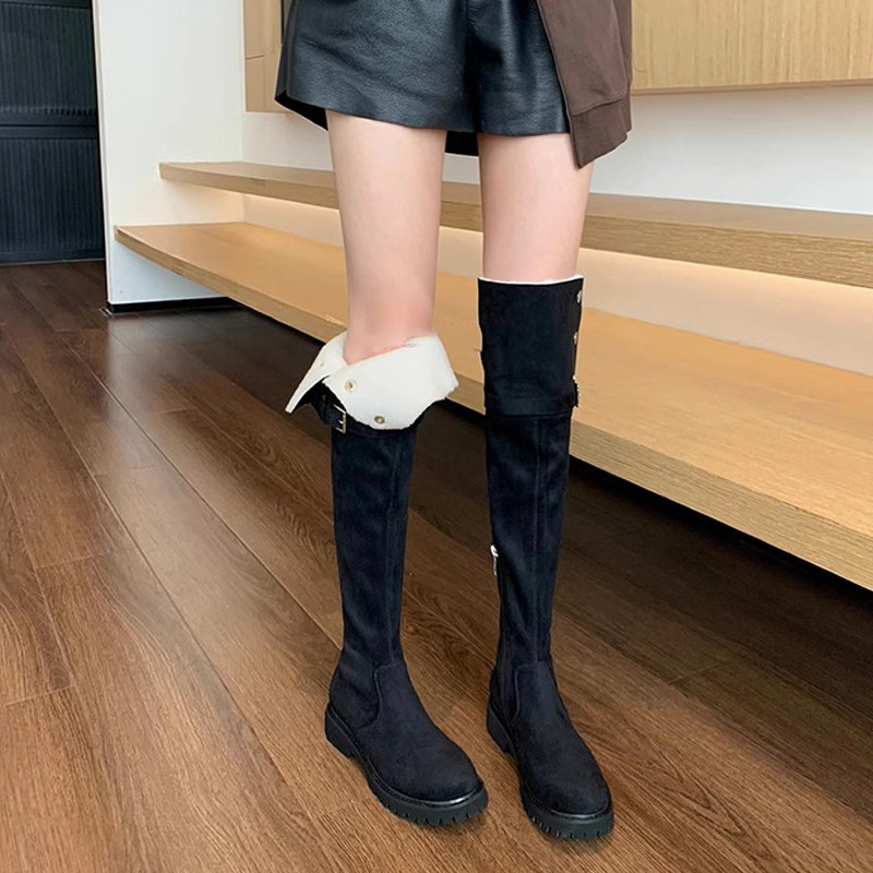 Mamá de uva Milan pictórica ~ botas cálidas de invierno botas sobre la rodilla punta redonda hebilla de cinturón a presión botas elásticas de tacón grueso botas largas