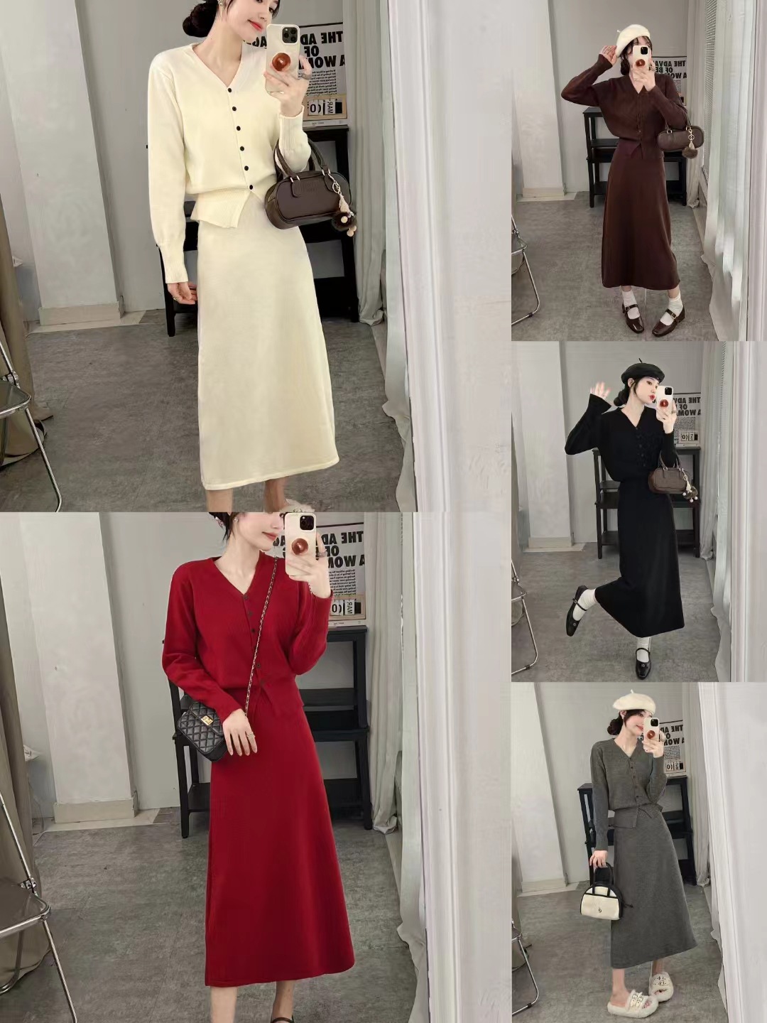 Temperamento piccolo profumo stile due pezzi donna primavera e autunno scollo a V cardigan lavorato a maglia linea A metà corpo lungo_voghion.com